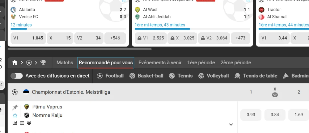 Onglet « Recommandé pour vous » et cartes de matchs en cours chez MegaPari